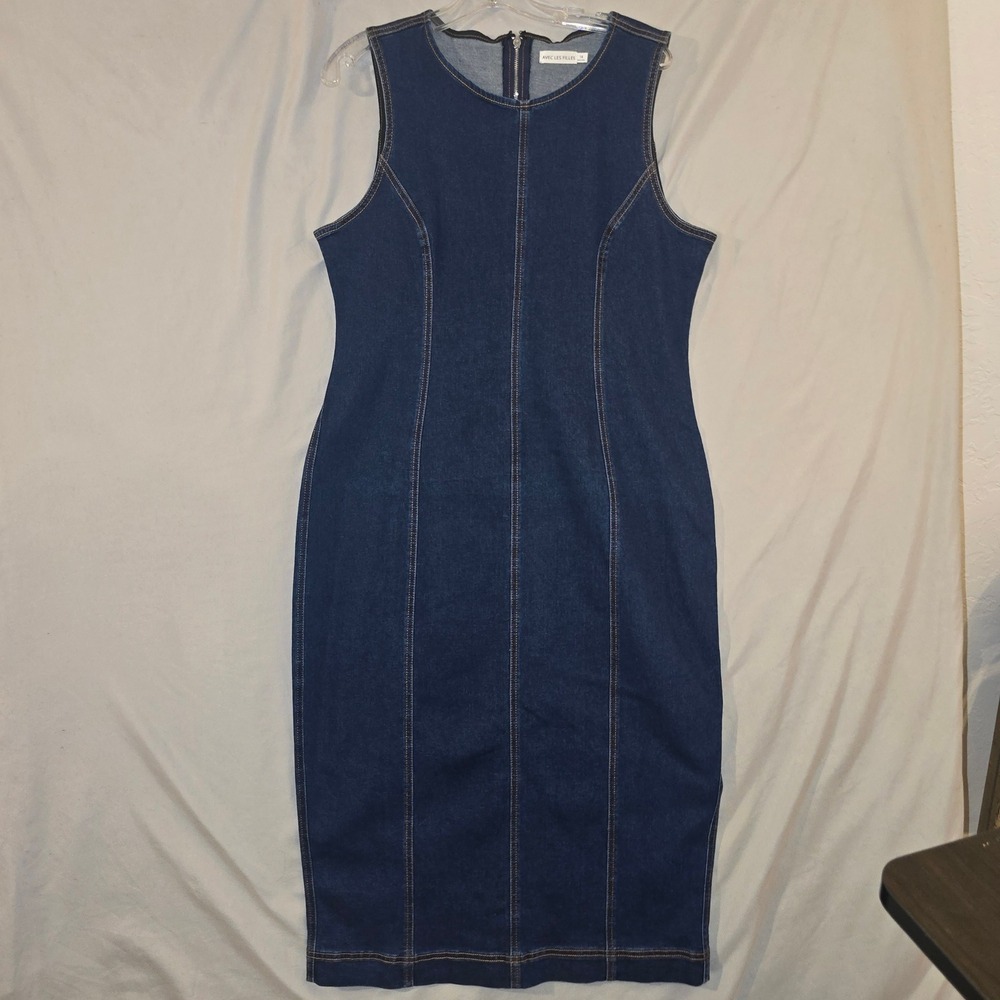 Avec Les Filles Denim Dress 14 Womens Dark Wash Midi Sheath Sleeveless Zipped